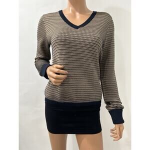 liz claiborne sweater 100% Silk Navy /Gold Long Sleeve Pullover V-neck medium